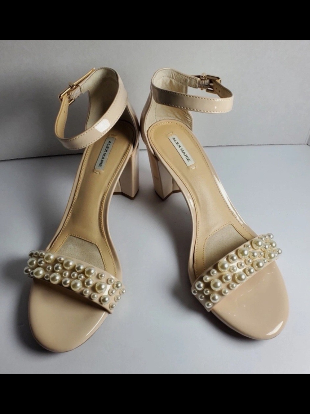 Alex Marie Pearl-Strap Block Heel Sandals in Beige